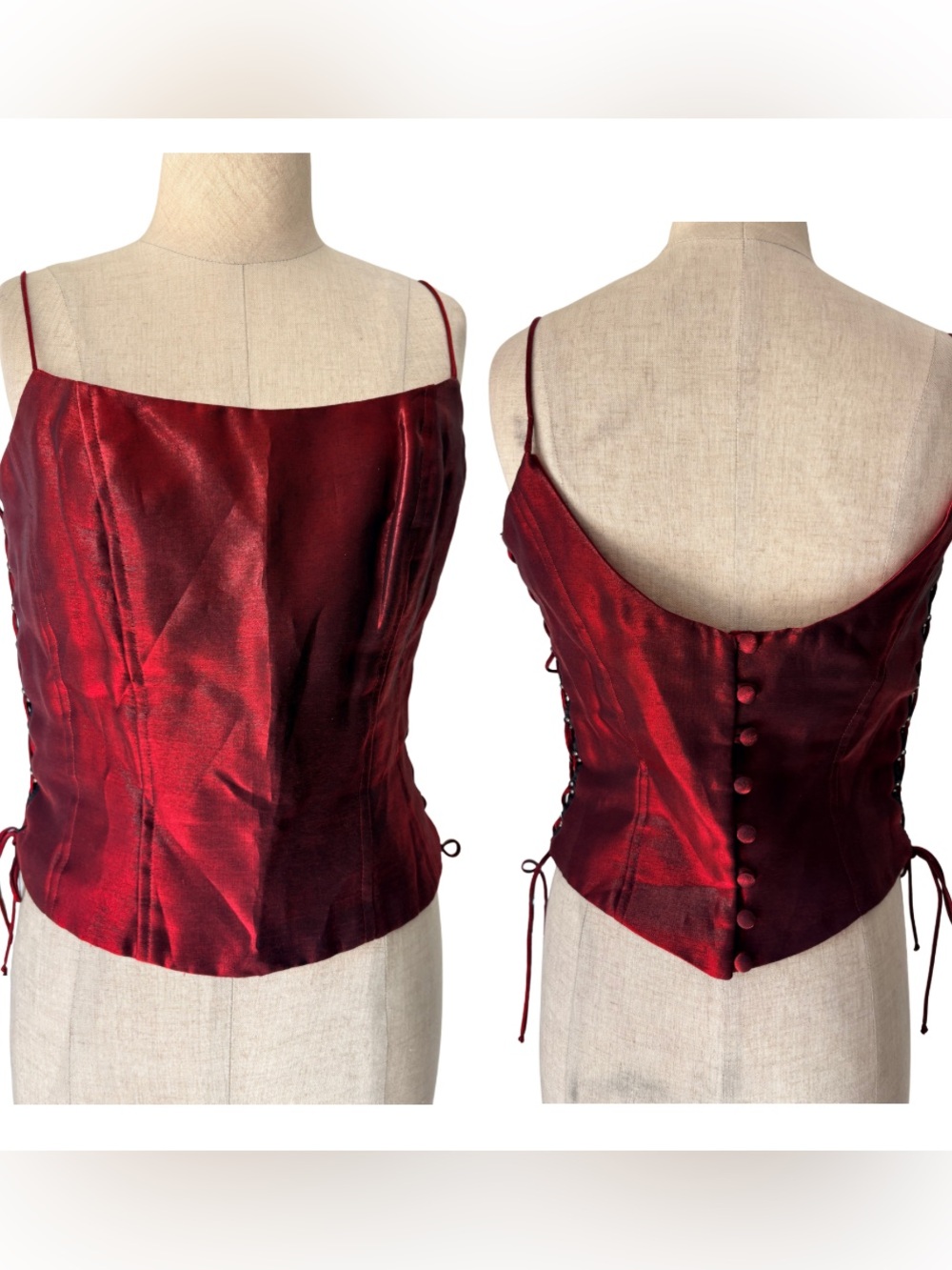 VTG 90s Taffeta Red Satin Corset Top with Button-Back Diamond Lace Up Sides